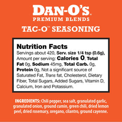 Dan-O's Tac-O Seasoning bottle close-up showing premium ingredients