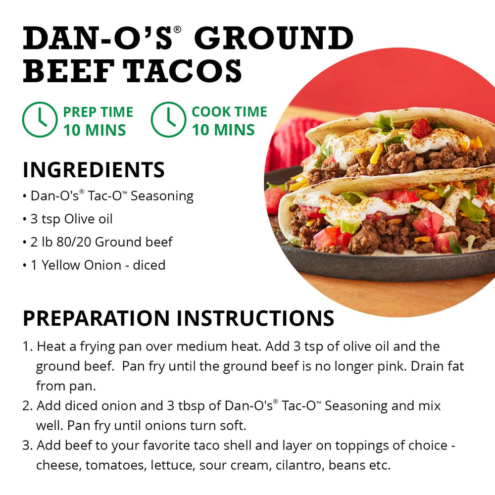 Dan-O's Tac-O Seasoning sprinkled on ground beef for taco filling