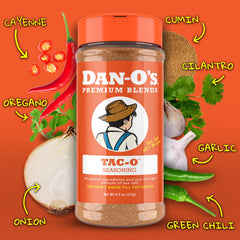 Dan-O's Tac-O Seasoning on tacos with vibrant toppings for bold taste