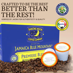 Authenticity seal for Dancing Moon Coffee Premier Blend confirms JACRA licensing.