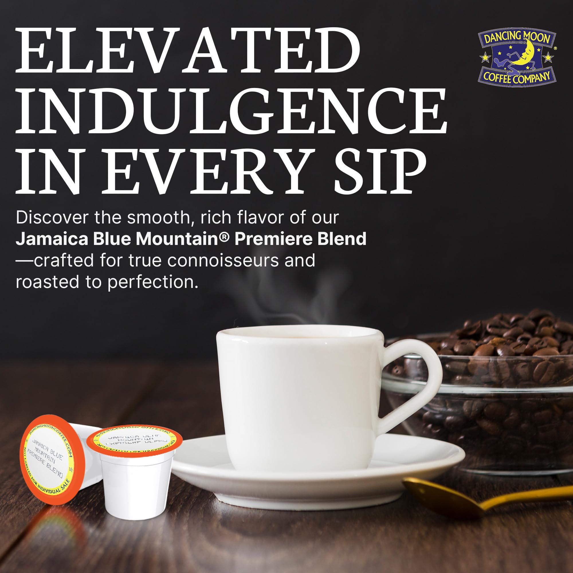 Close-up brew of Dancing Moon Premiere Blend pods delivering a smooth, balanced cup.