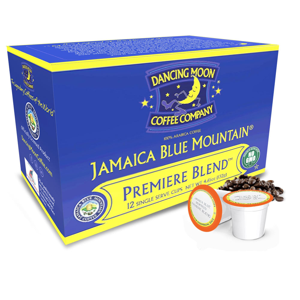 Packaging shot of Dancing Moon Premiere Blend pods for premium at-home brewing.