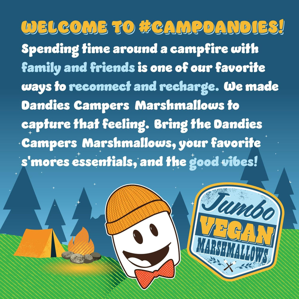 DANDIES Jumbo Campers campfire scene with toasted, gooey marshmallows.