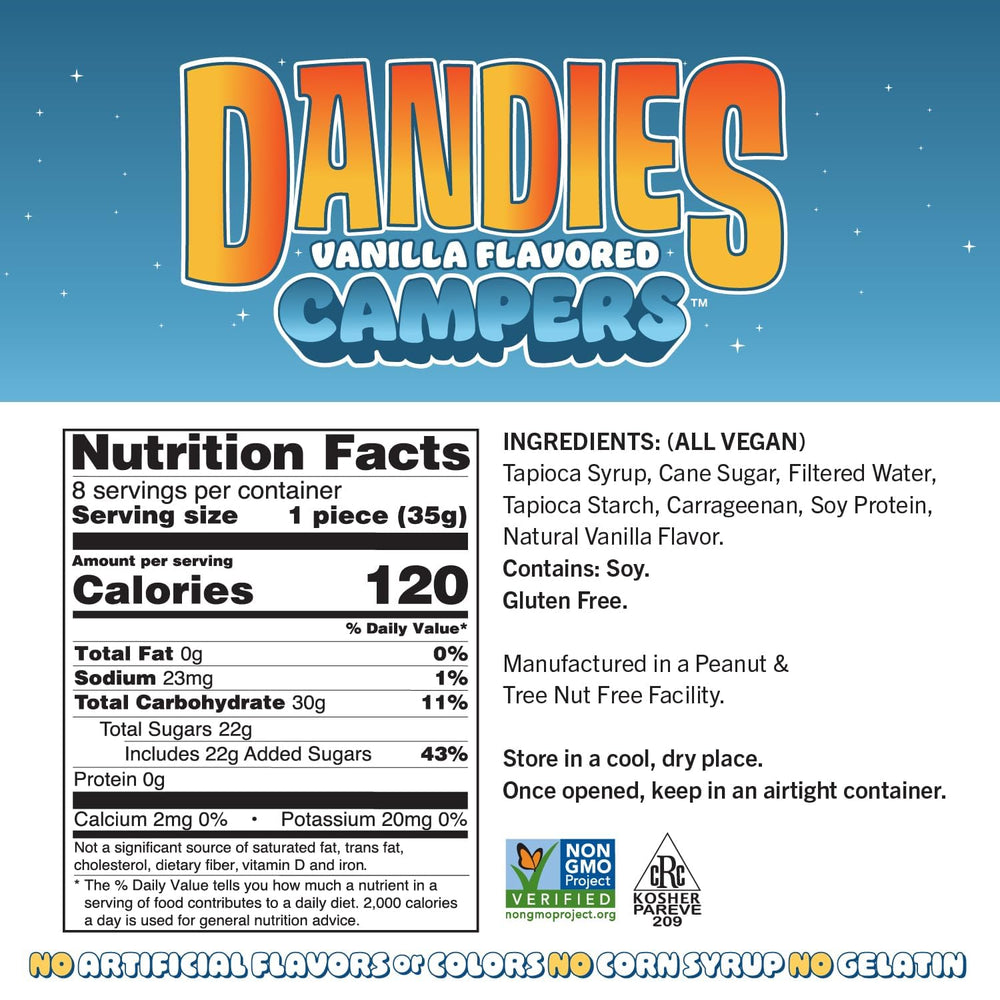DANDIES Jumbo Campers on skewers ready for campfire s'mores.
