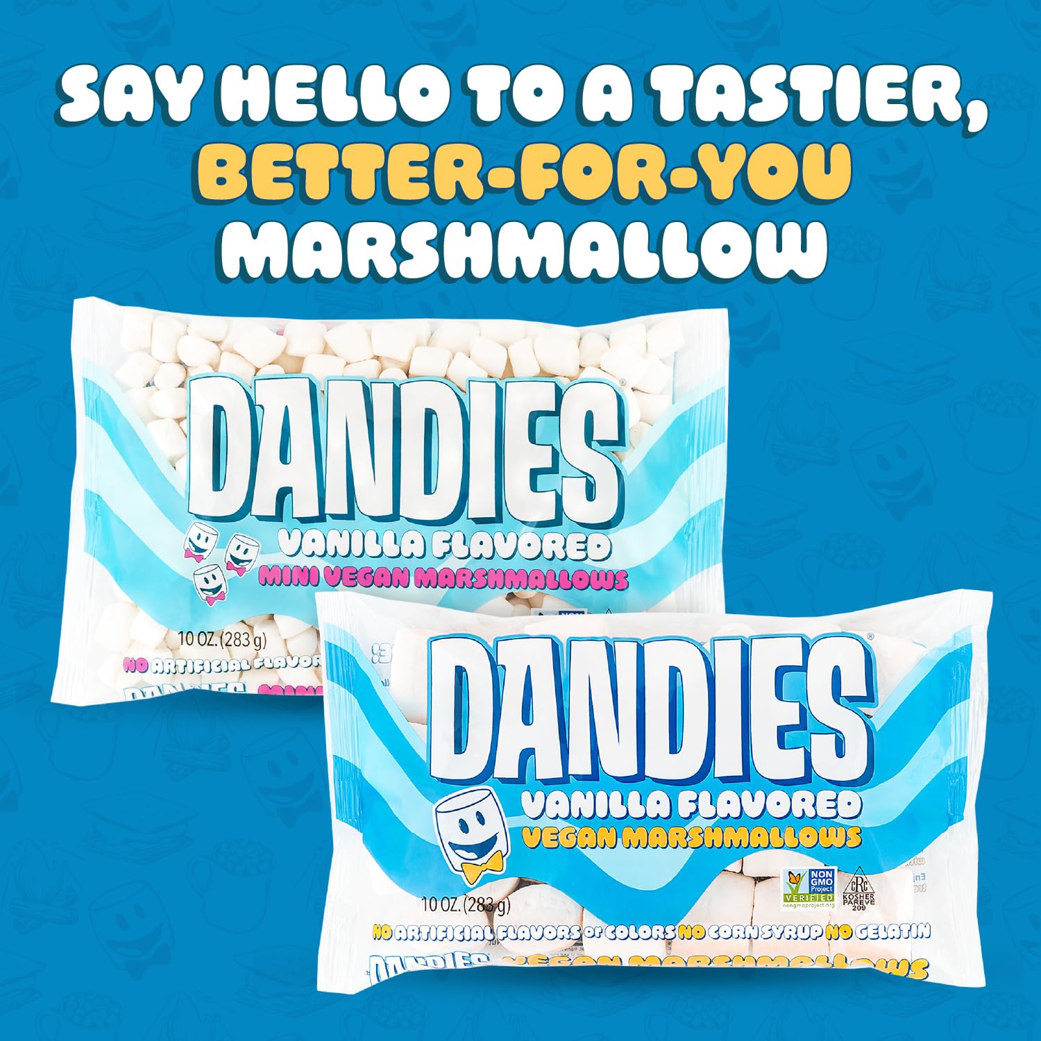 DANDIES mini vegan marshmallows label highlights vegan, kosher, non-GMO