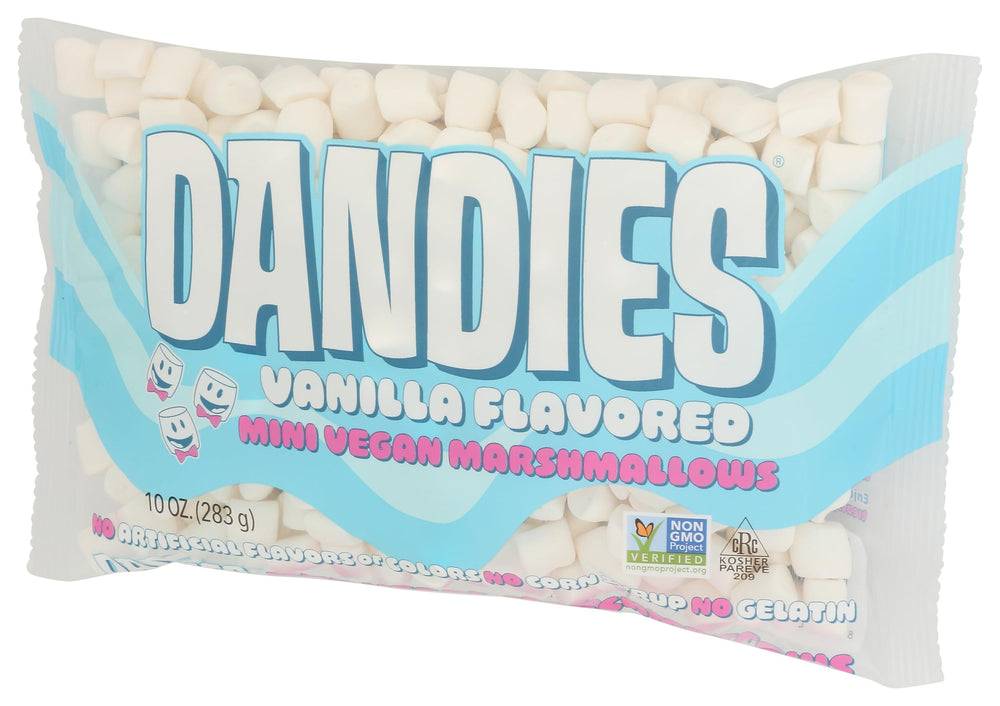 Dandies Mini vegan marshmallows package close-up, gluten-free and dairy-free appeal