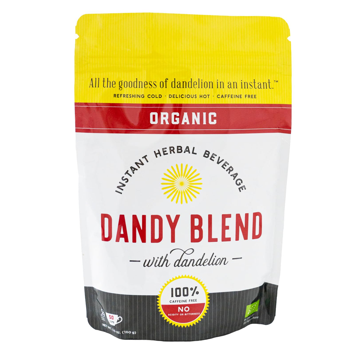 Dandy Blend bag front label showcasing organic herbal mix for caffeine-free mornings.