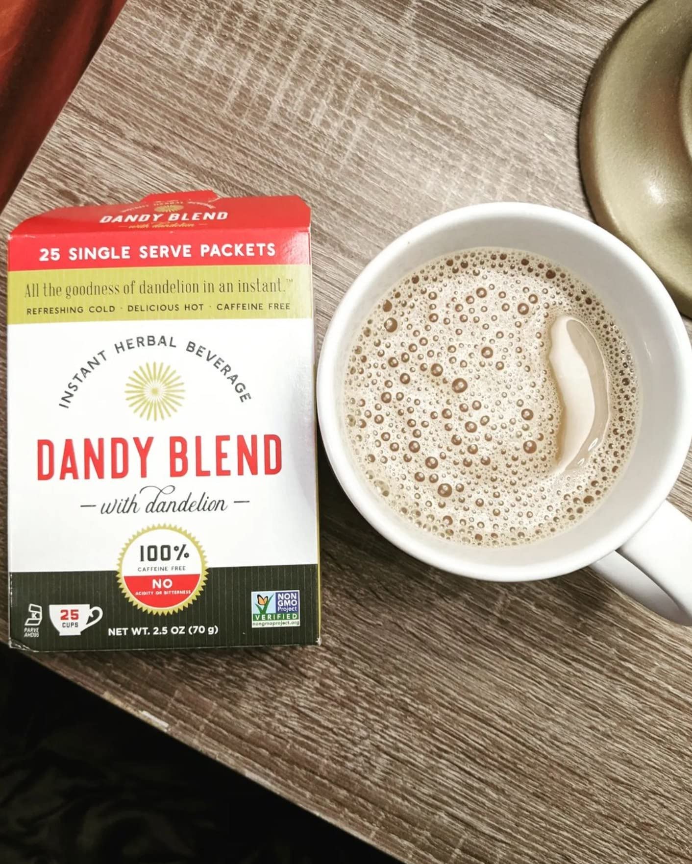 Dandy Blend box label showcases non-GMO promise for a wholesome herbal option.