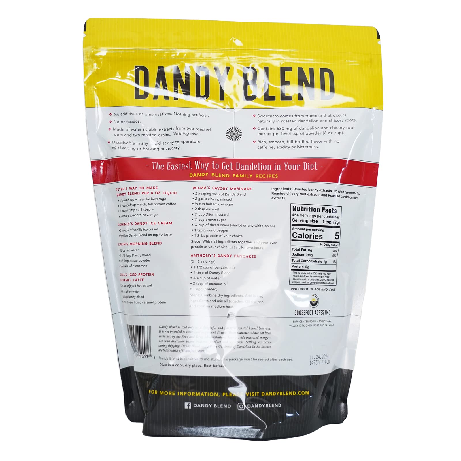 Dandy Blend ingredients view showing roasted roots and grains for a gluten-free brew.