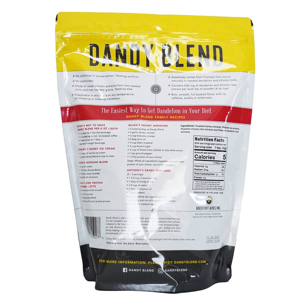 Dandy Blend ingredients view showing roasted roots and grains for a gluten-free brew.