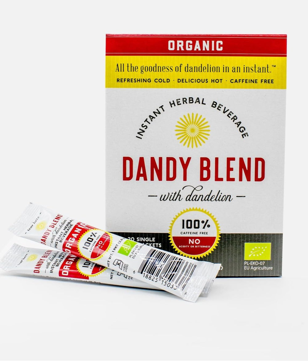 Dandy Blend instant herbal powder for quick, caffeine-free beverages.