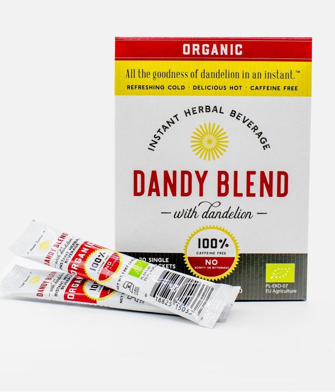 Dandy Blend instant herbal powder for quick, caffeine-free beverages.