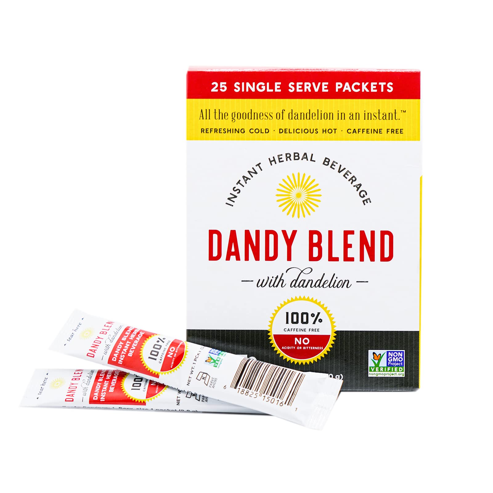 Dandy Blend original box front view, caffeine-free herbal beverage for everyday relaxation.