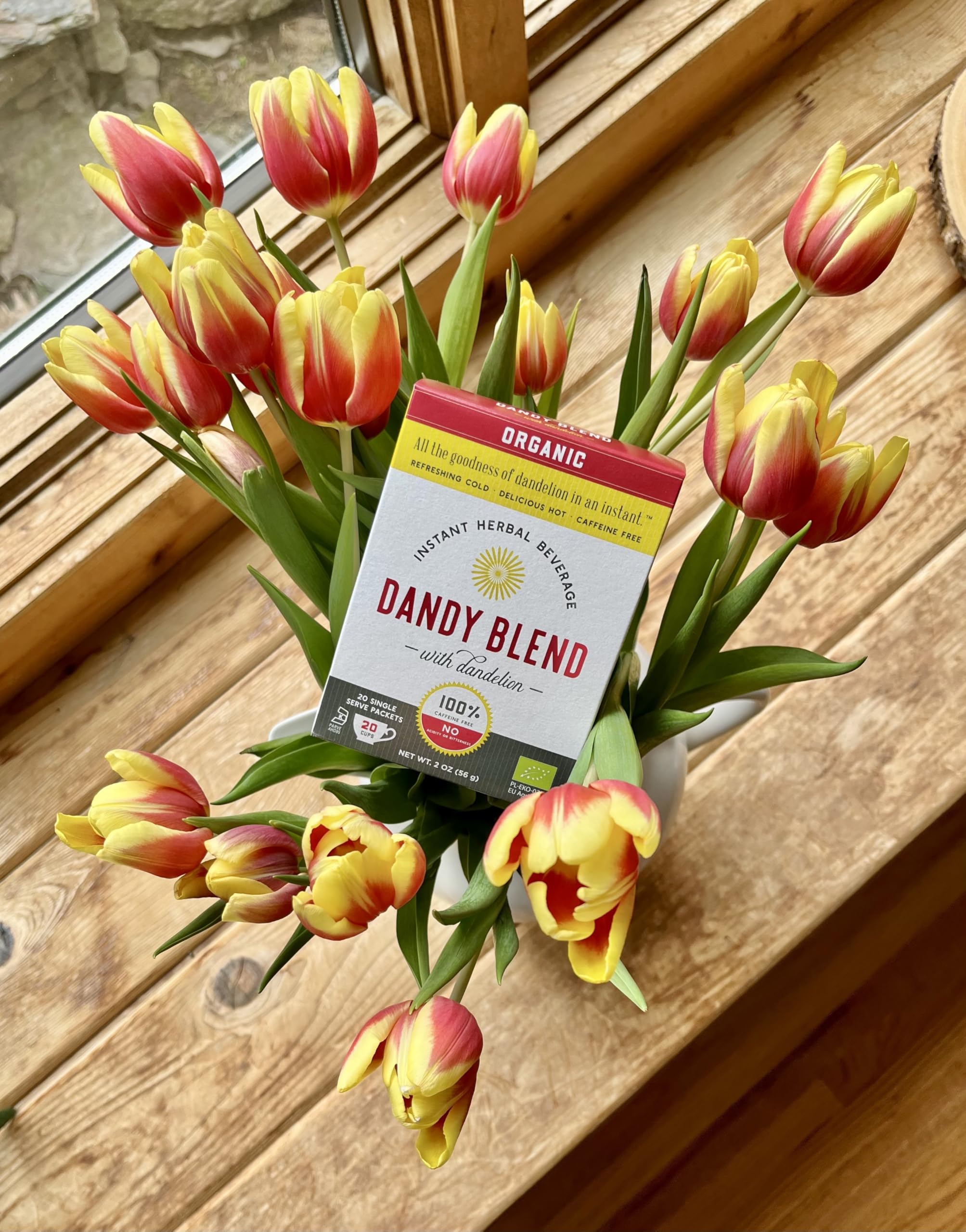 Dandy Blend roasted dandelion extract enhances earthy notes in hot or cold drinks.