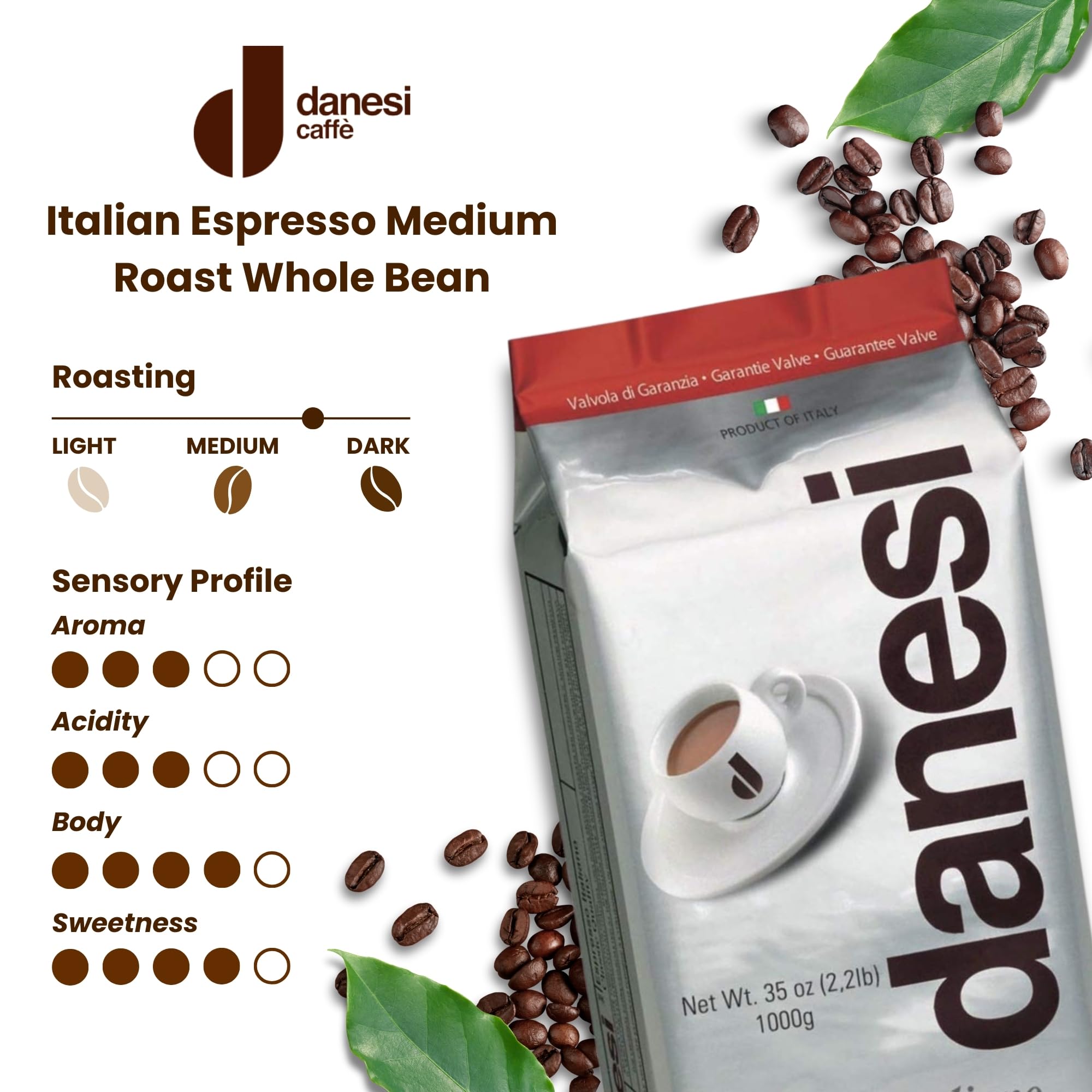 Danesi Caffè Classic coffee bag label indicating ethically sourced beans and heritage.