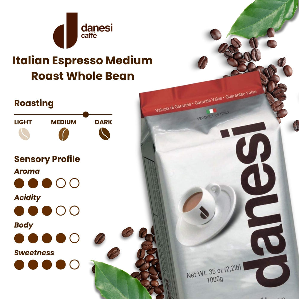 Danesi Caffè Classic coffee bag label indicating ethically sourced beans and heritage.