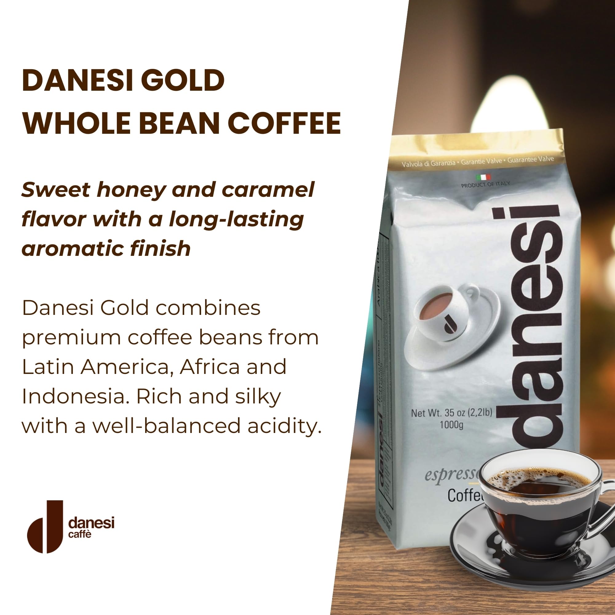 Danesi Caffè Gold beans closeup highlighting smooth medium roast aroma.