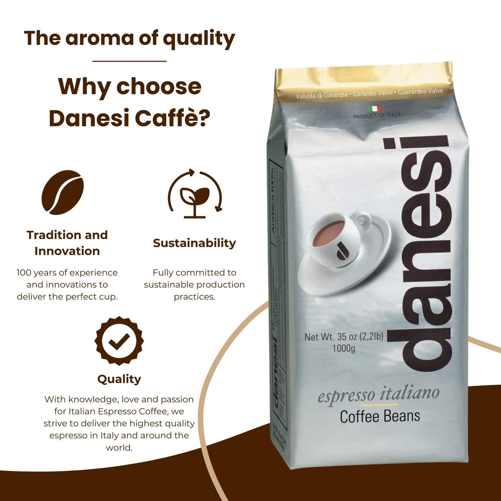 Danesi Caffè Gold whole beans in a bowl for grinding.