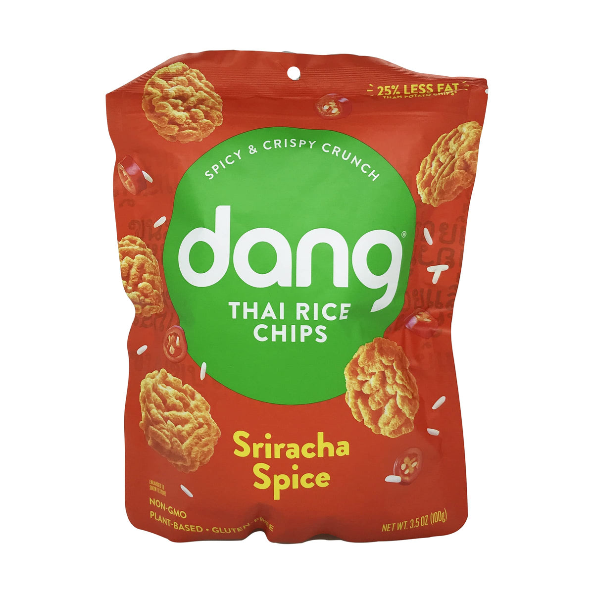 DANG Sriracha rice cakes bag showing spicy gluten-free snack option for on-the-go
