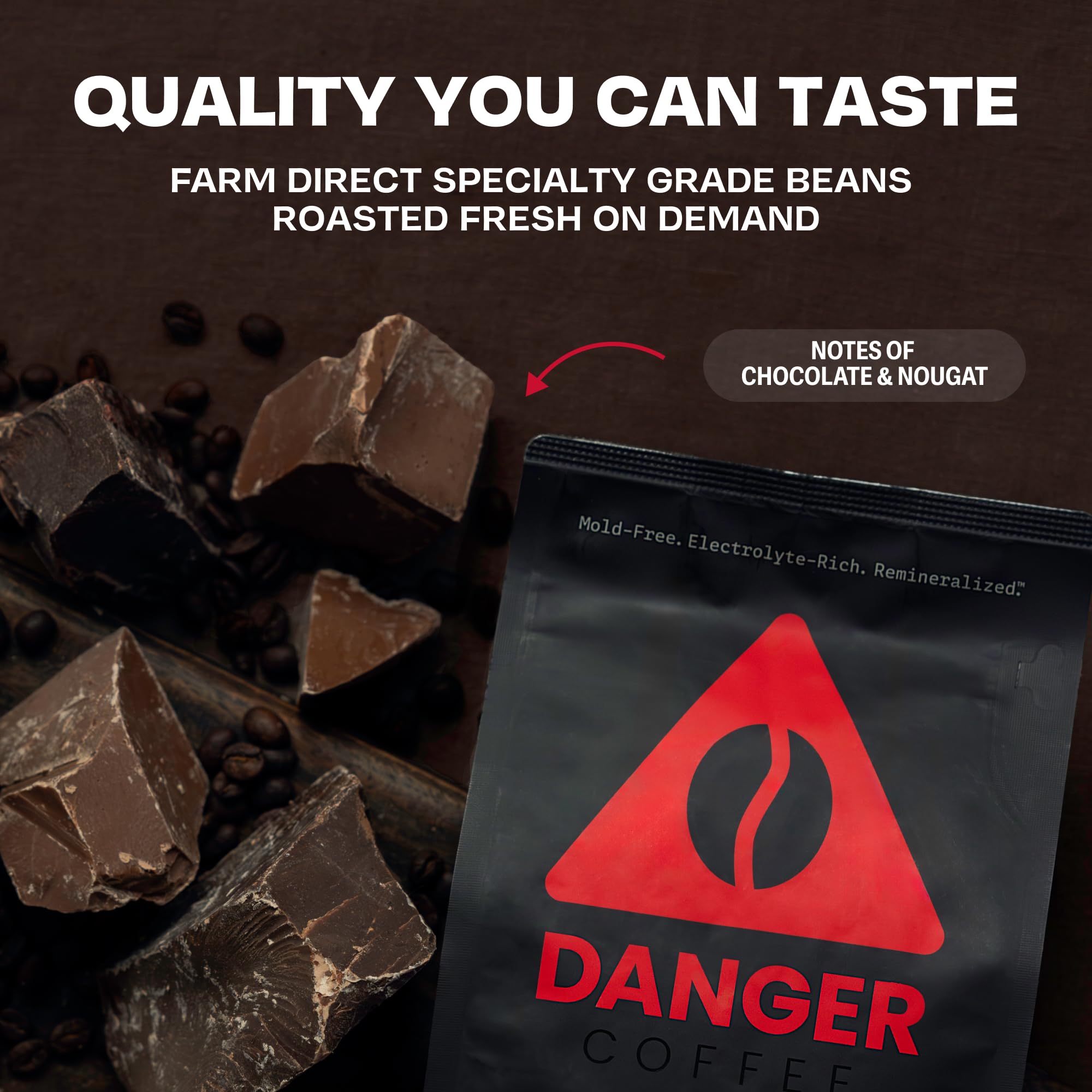 Danger Coffee tasting notes card highlights baker's chocolate and nougat.