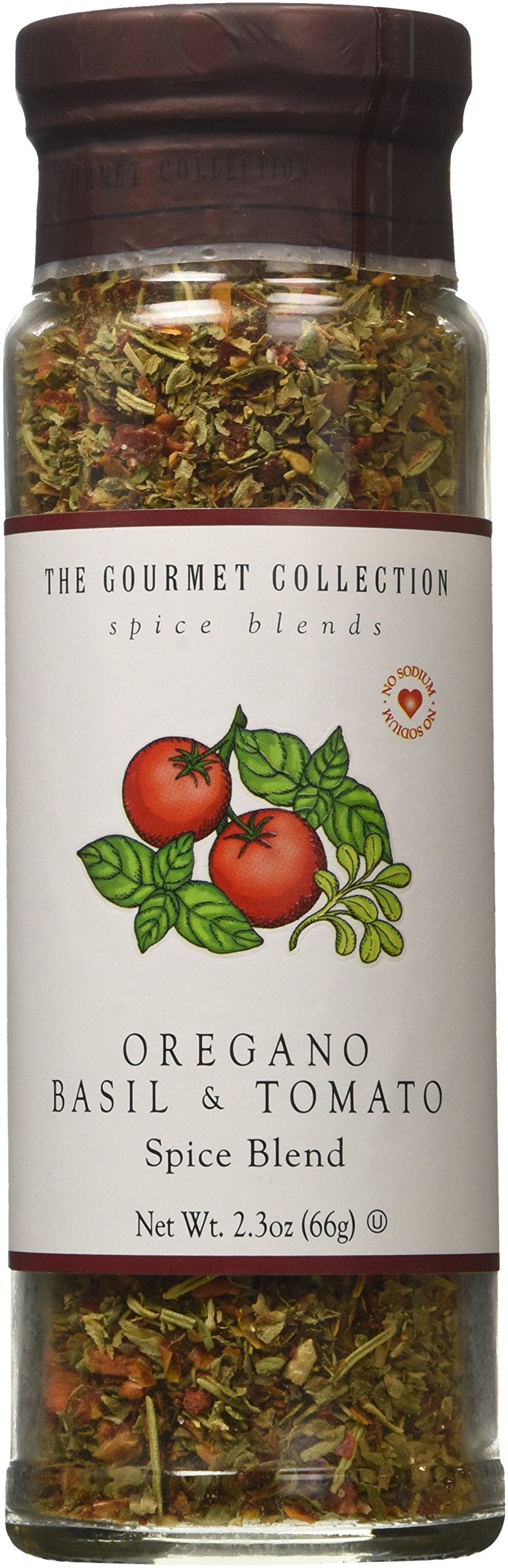 Dangold Gourmet Collection oregano-basil-tomato spice blend jar showcases vibrant herbs for Mediterranean dishes.
