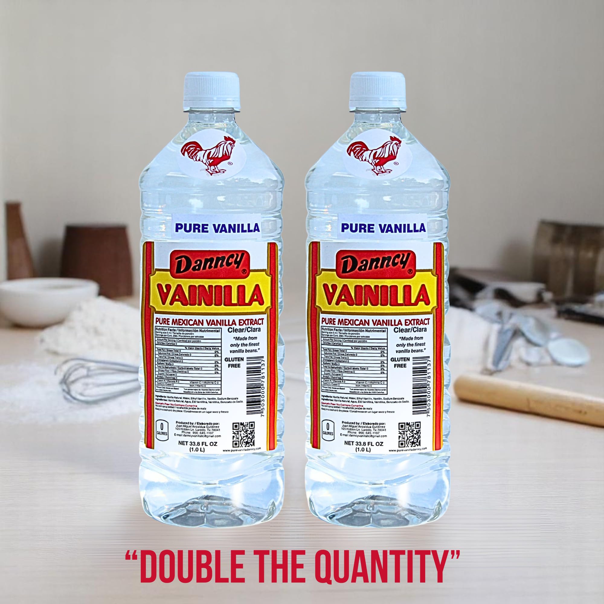 Danncy Vanilla Clear bottle being poured suggests versatile use in coffee, desserts, and ice cream.