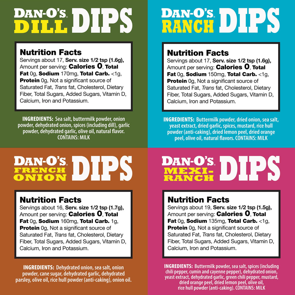 Dan-O’s Dips 16-pack assortment close-up highlights ready-to-mix packets for fast dips
