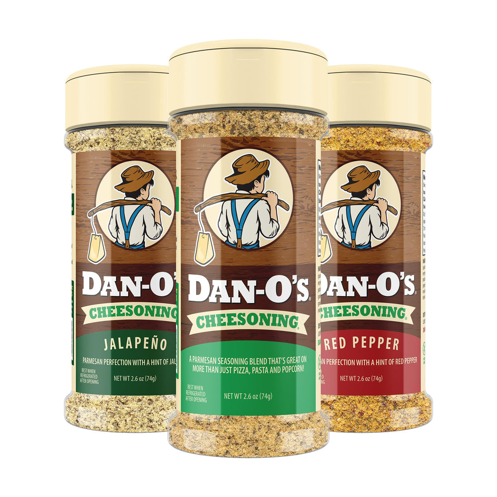 Dan-O's 3-bottle Cheesoning set with red pepper bottle boosts pizza and pasta flavor.