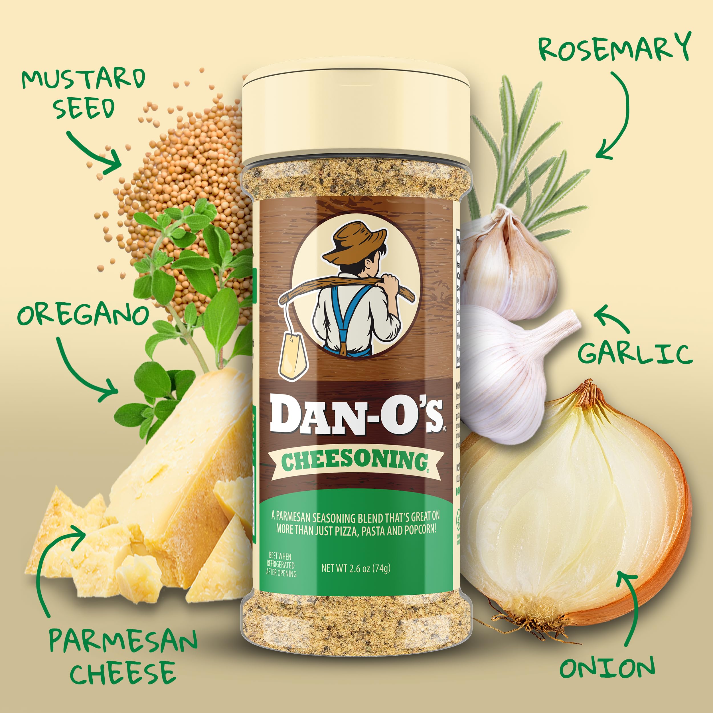 Dan-O's Cheesoning bottle close-up showing rich flavor.