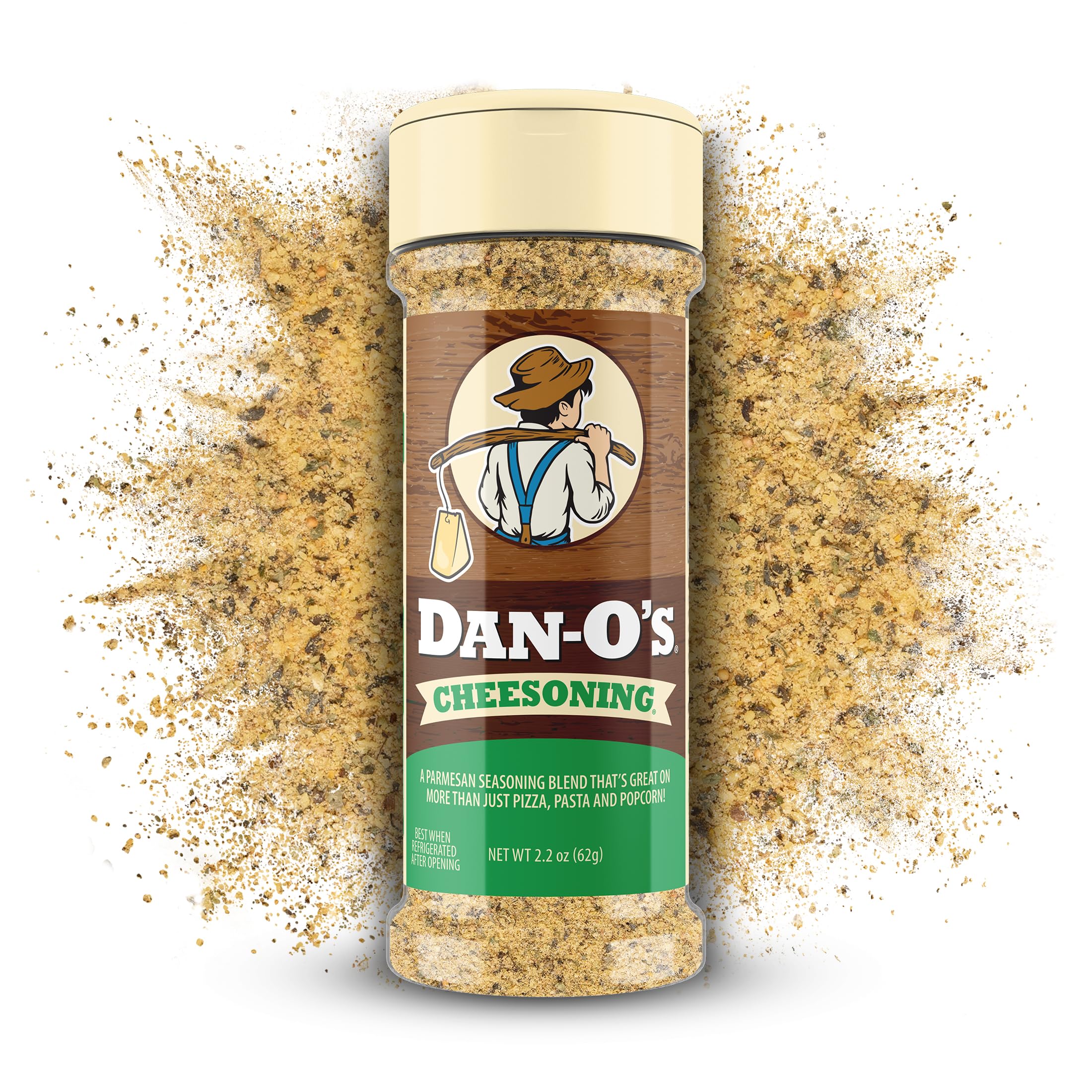 Dan-O's Cheesoning bottle adds bold parmesan flavor for pizza, chicken, and vegetables.