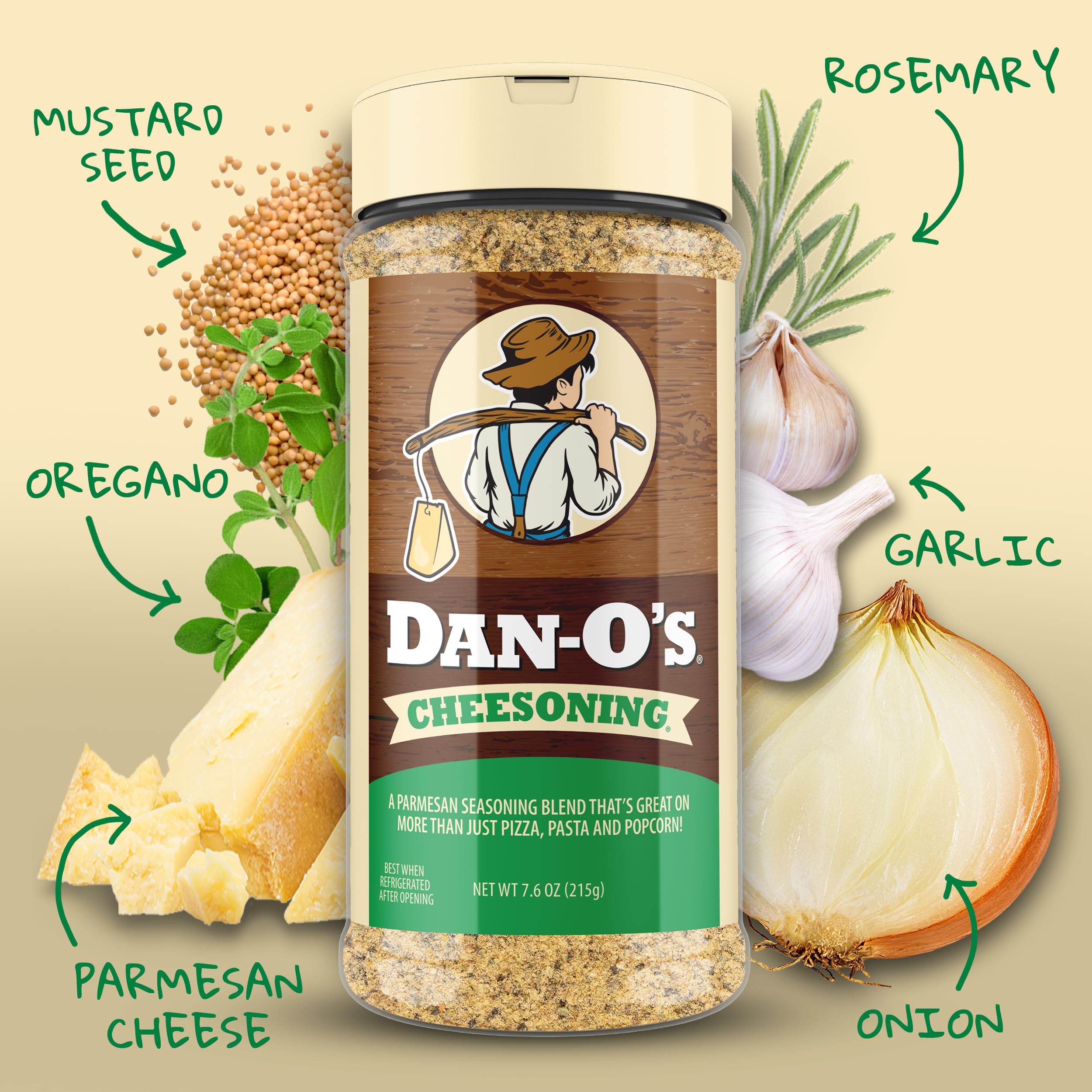 Dan-O's Cheesoning Seasoning closeup shows Parmesan-inspired blend adding Italian flair.