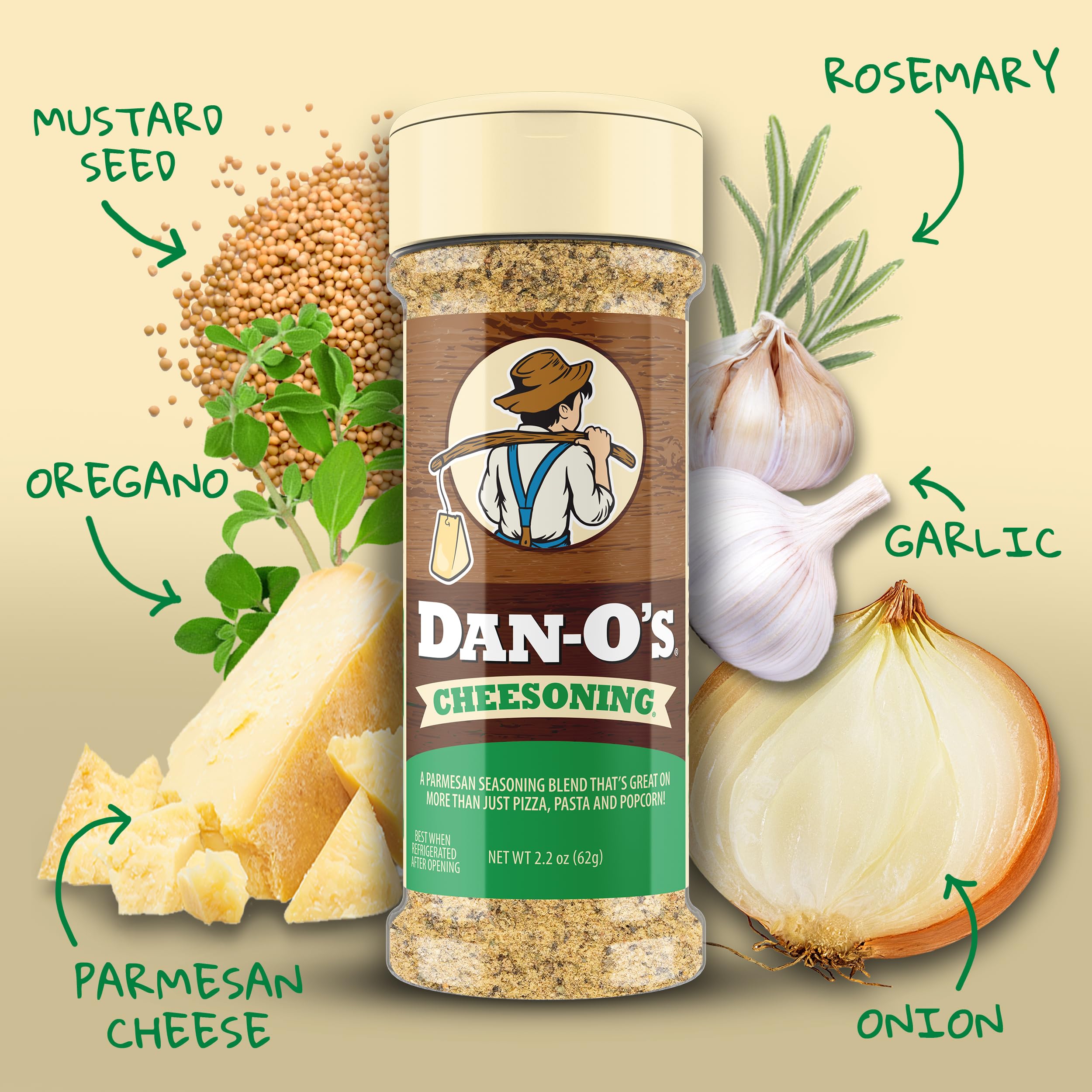 Dan-O's Cheesoning shaker demonstrates versatile seasoning for roasts and potatoes.