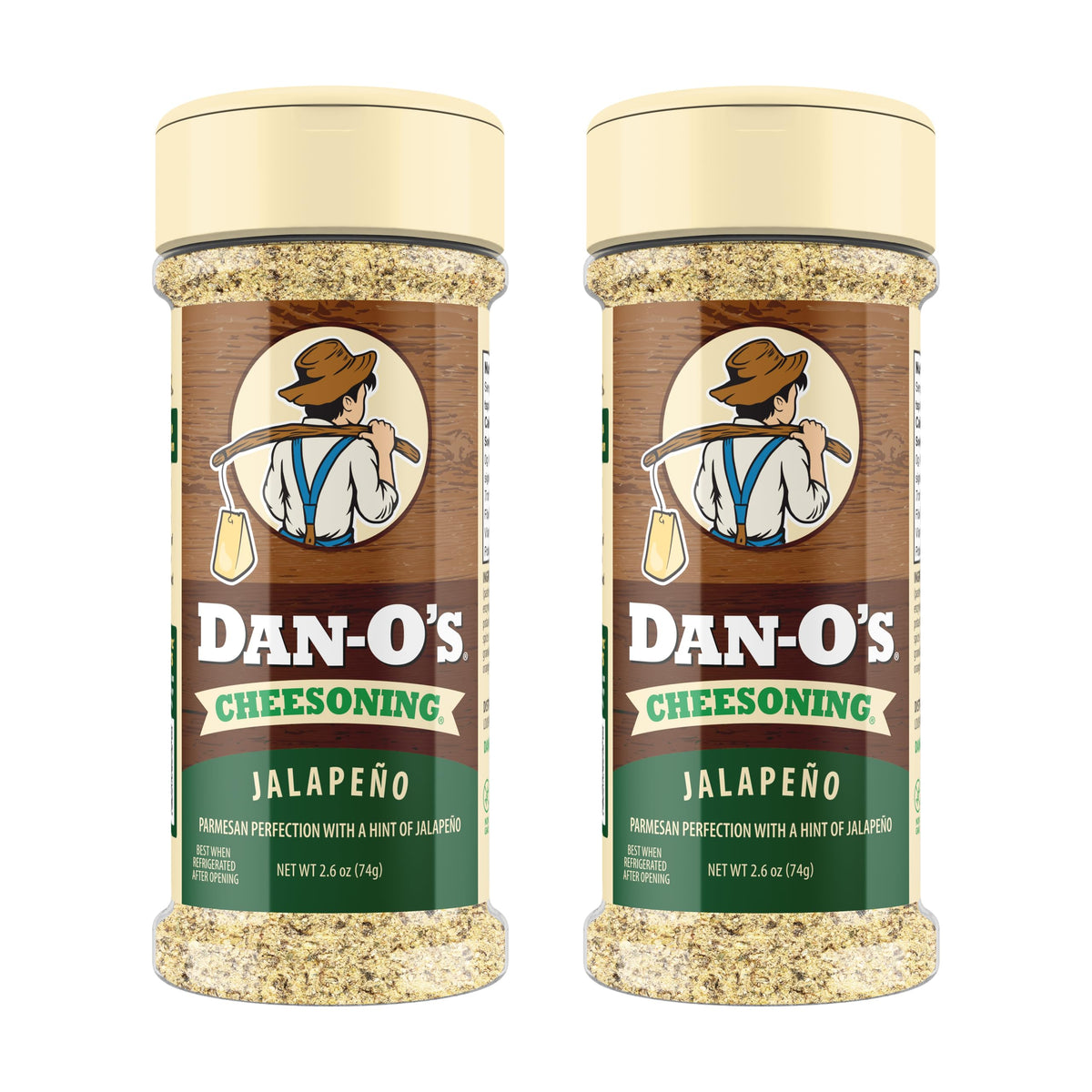 Dan-O's Jalapeño Cheesoning bottle front view, zero-calorie cheese substitute in action