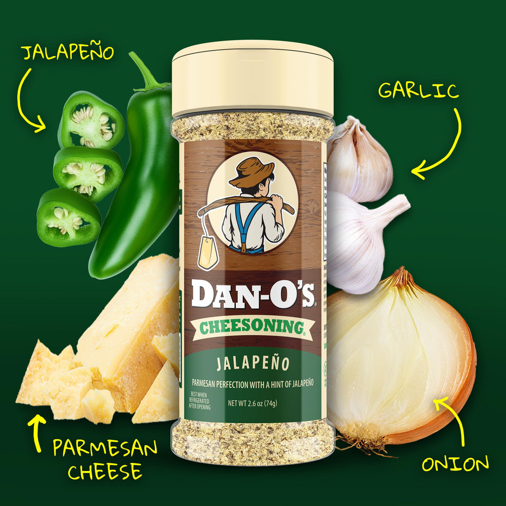 Dan-O's Jalapeño Cheesoning sprinkled on popcorn for spicy cheesy flavor