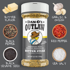 Dan-O's Outlaw Butter Steak bottle enhances grilling with buttery richness