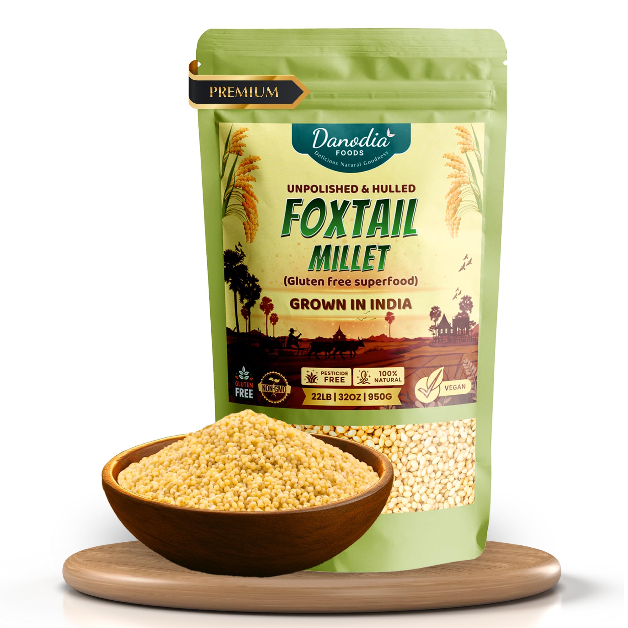 Danodia Foxtail Millet hulled bag indicating gluten-free pantry base.