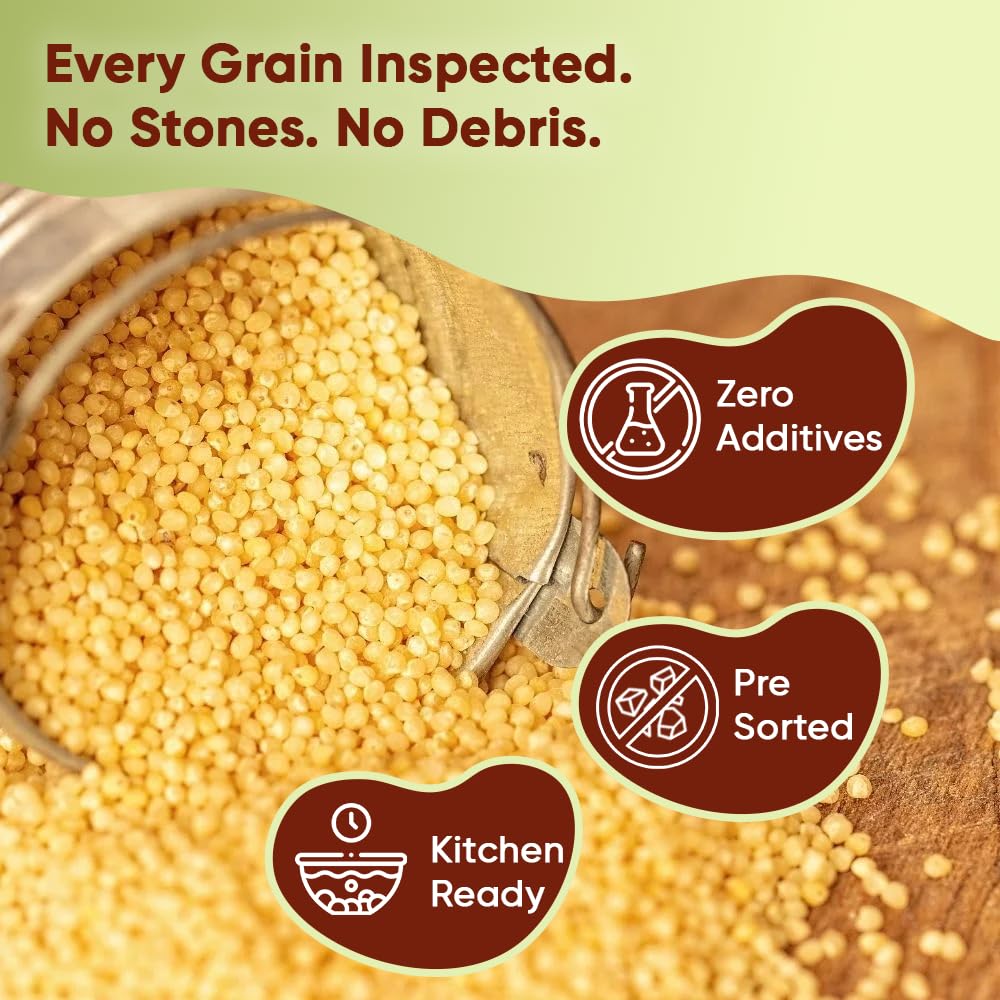 Resealable pouch of Danodia Foxtail Millet preserves freshness.