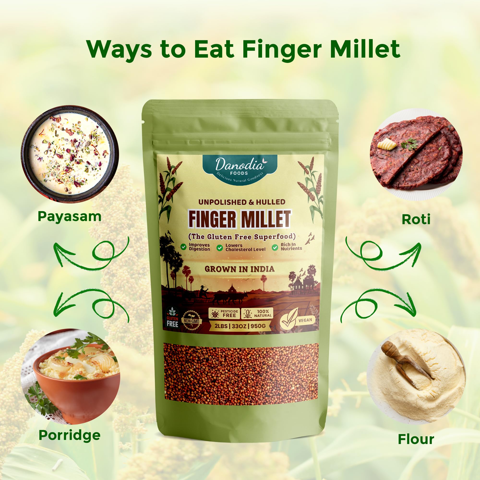 Danodia Foods Ragi nutrition close-up emphasizing calcium and iron.