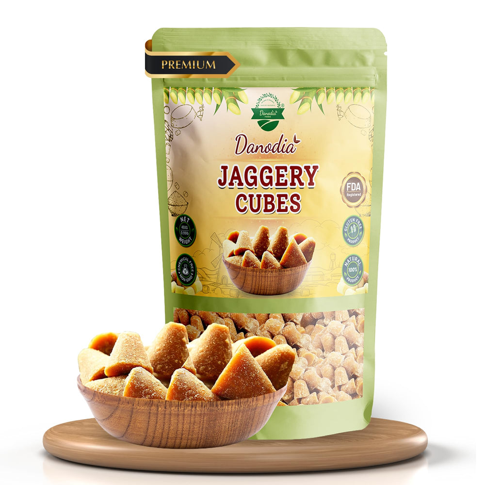 Danodia Foods organic jaggery cubes in packaging for pure sweetness ideal for tea.