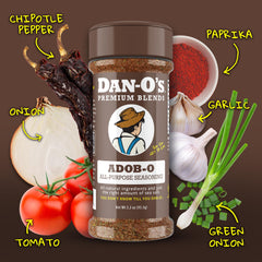 Dan-O's Adob-O seasoning used as pork dry rub for rich crust.