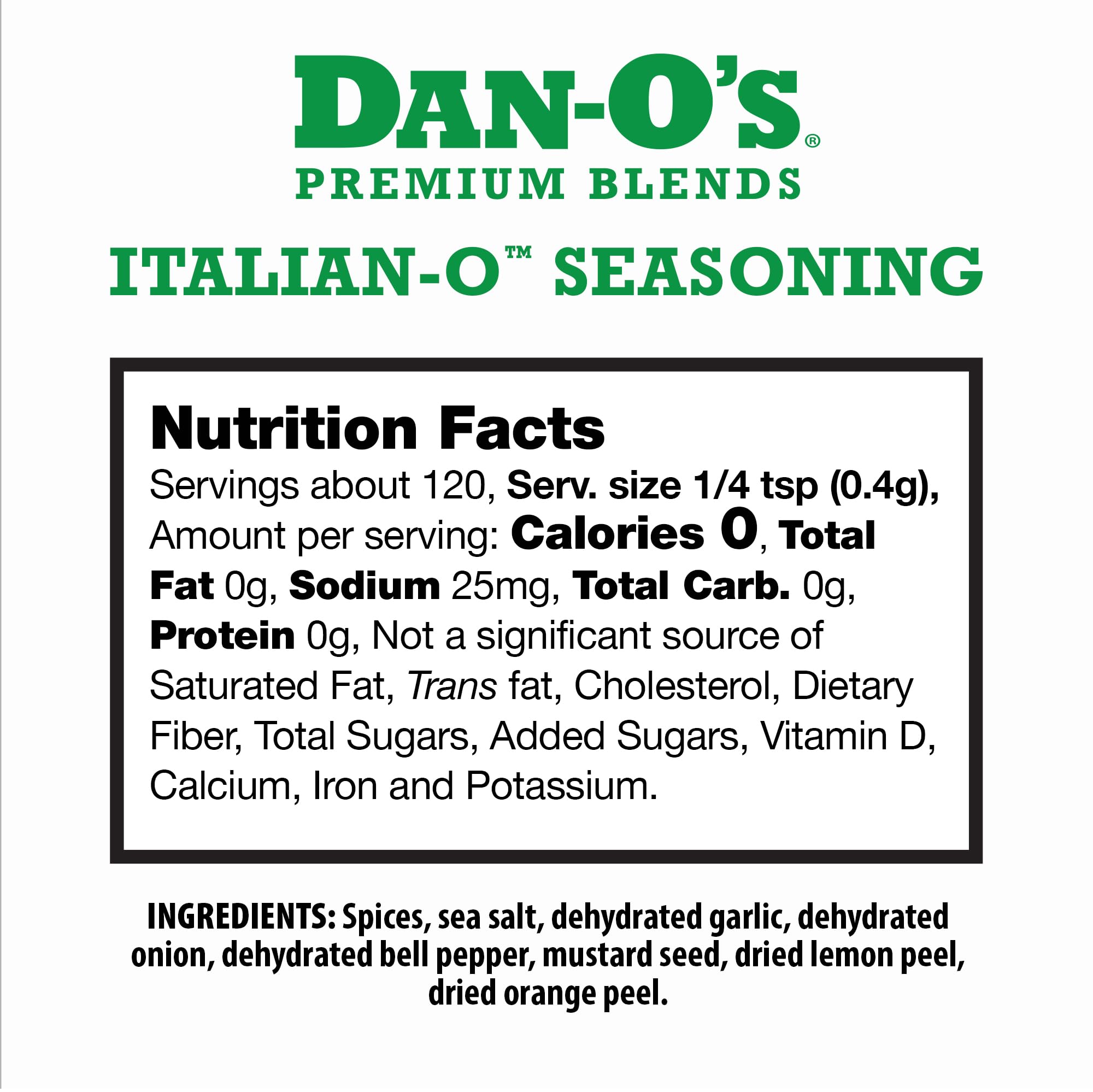 Close-up of Dan-O's Italian-O seasoning bottle showing premium herb blend