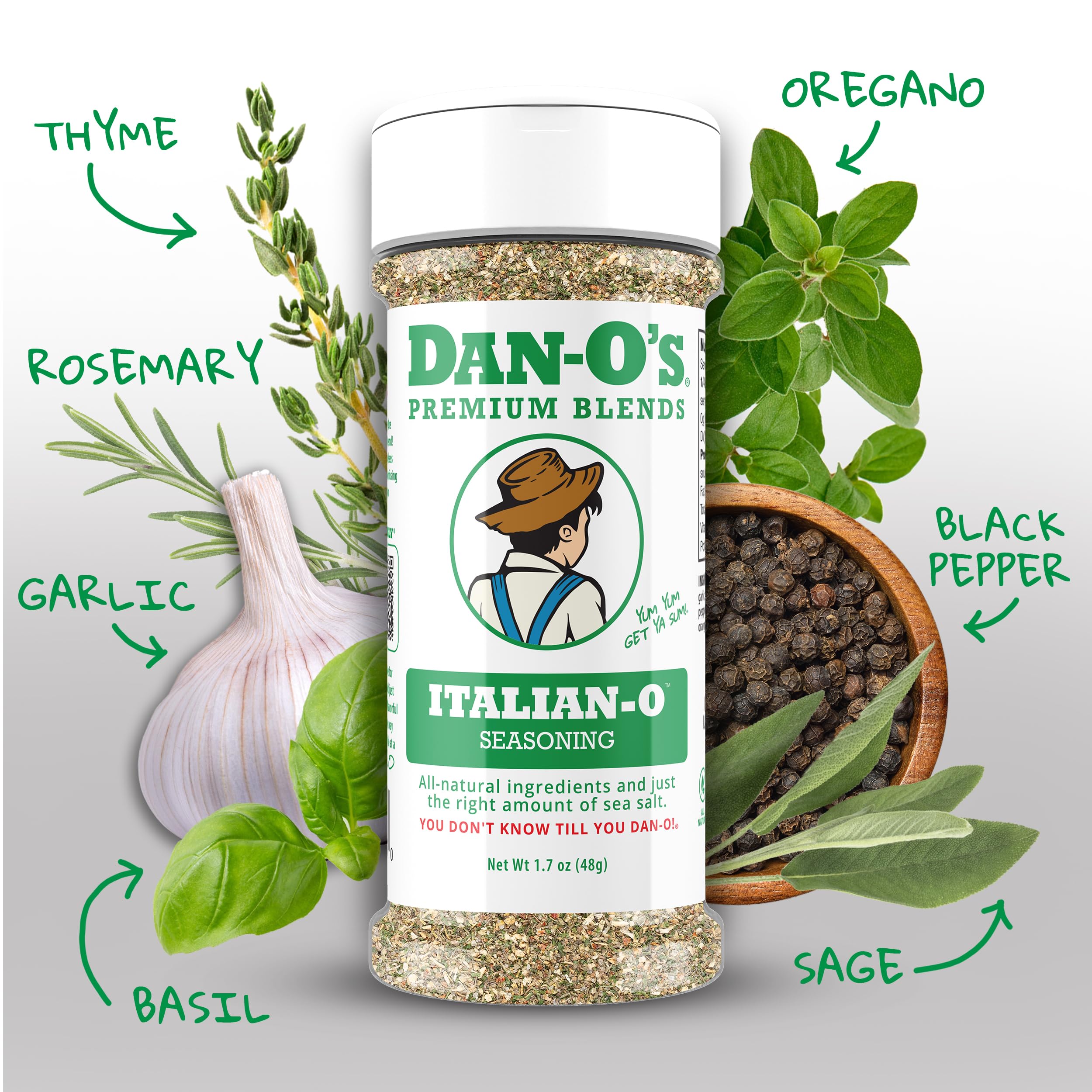 Dan-O's Italian-O jar label highlights zero calories and natural spices