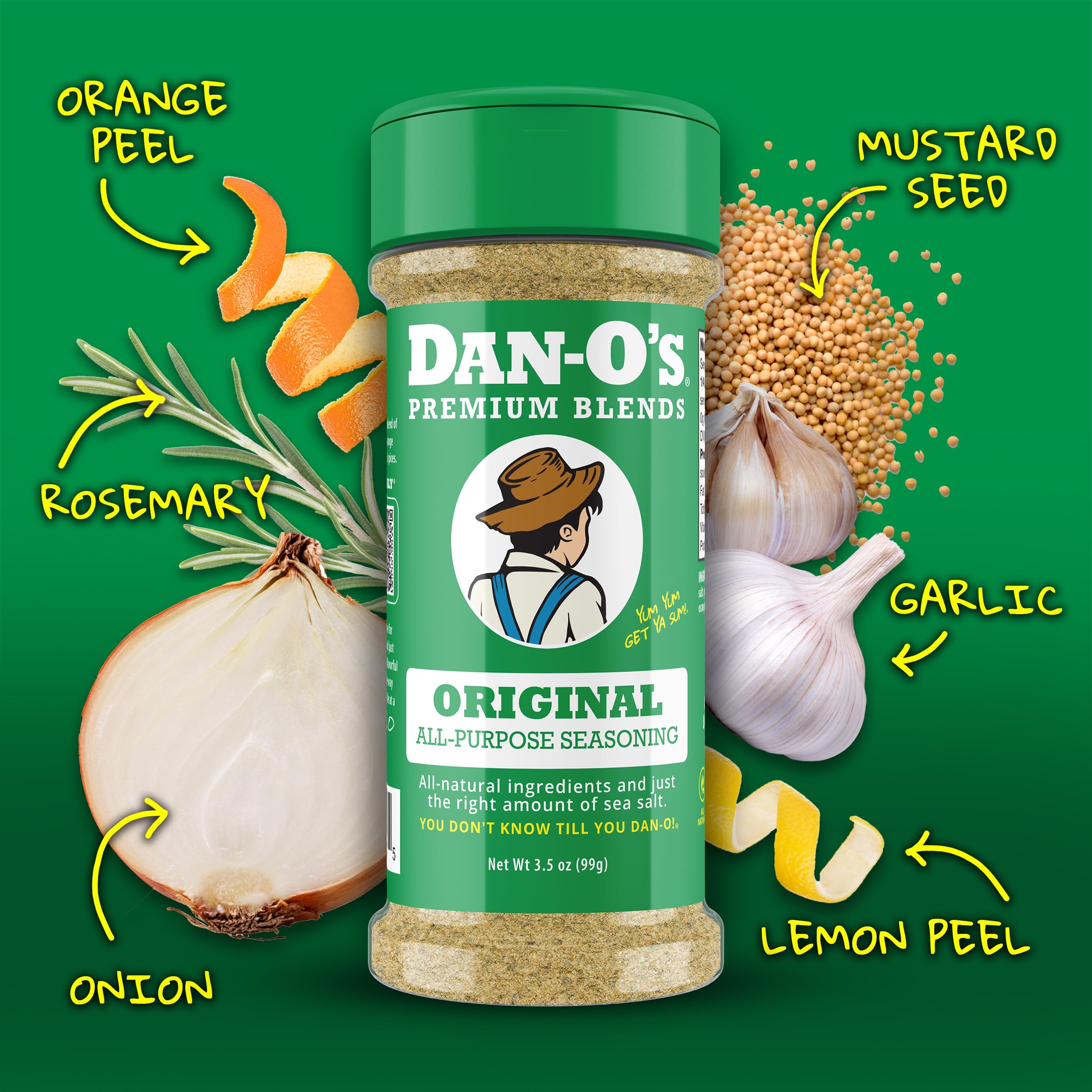 Dan-O's Preem-O bottle label highlighting savory marinade-ready seasoning