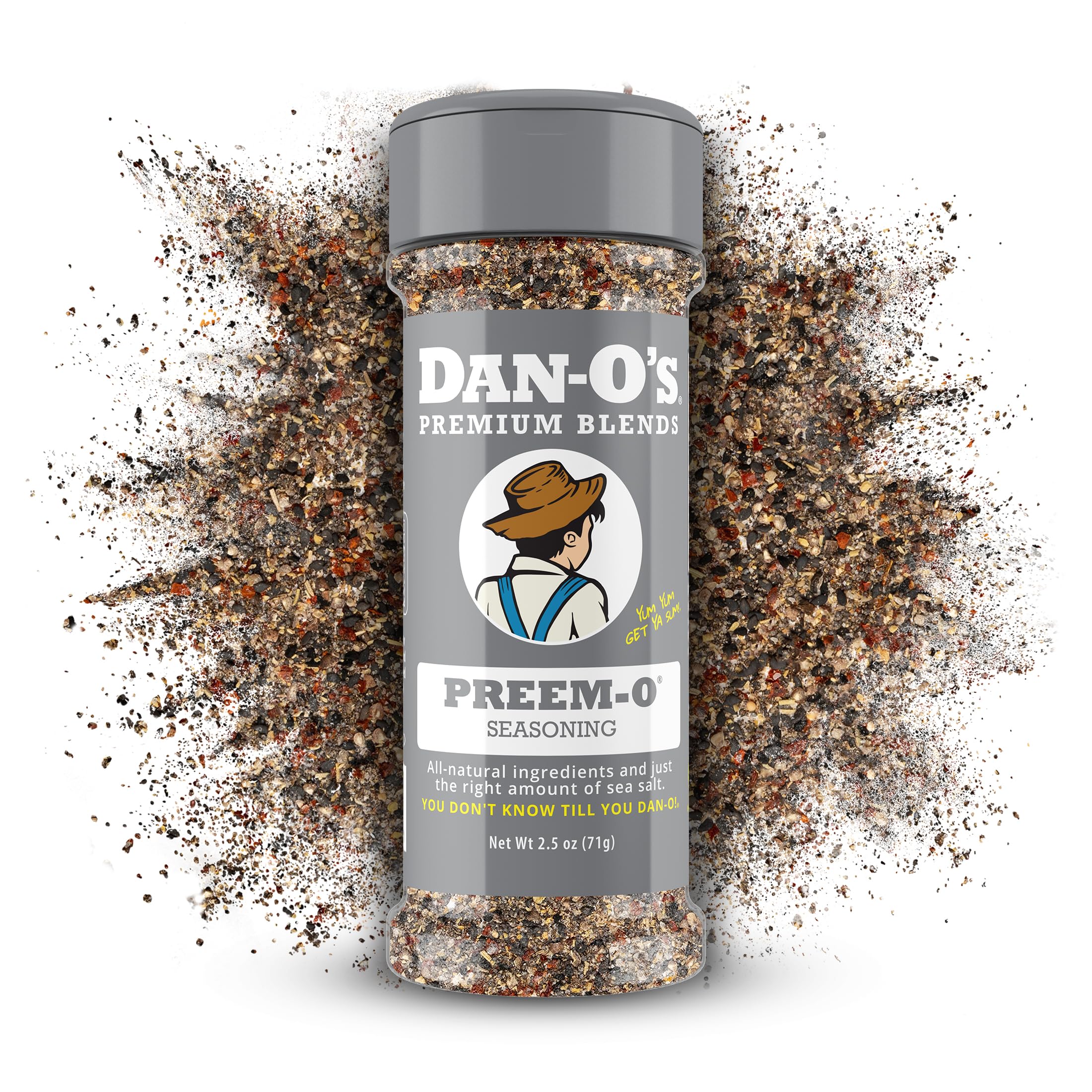 Dan-O's Preem-O Seasoning front view highlights bold peppery garlic flavor for meats