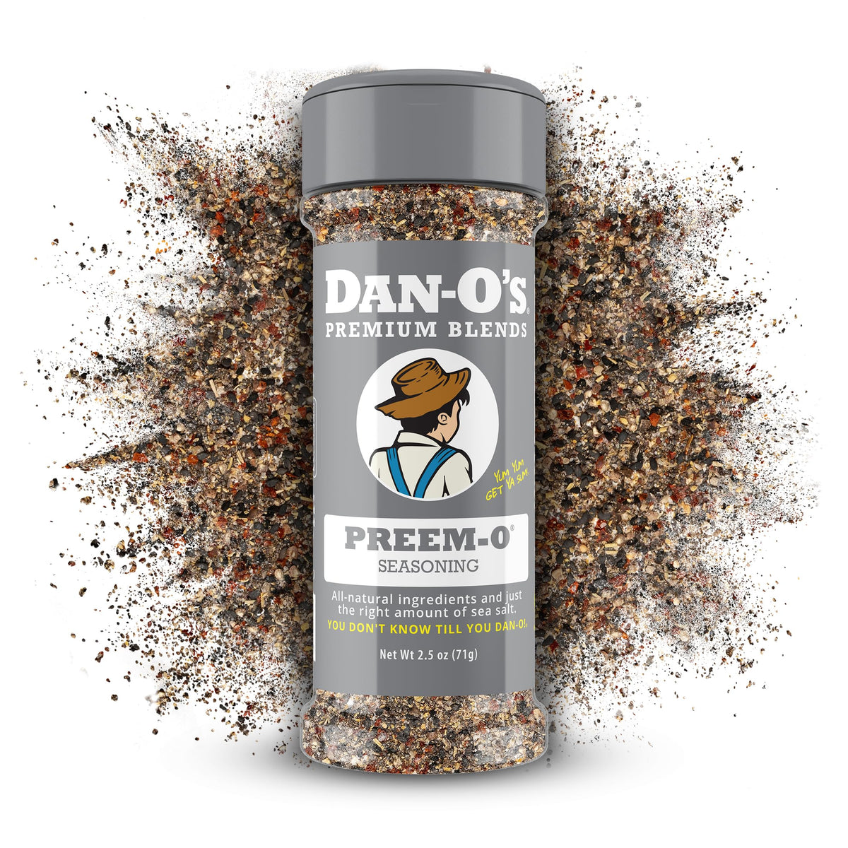 Dan-O's Preem-O Seasoning front view highlights bold peppery garlic flavor for meats