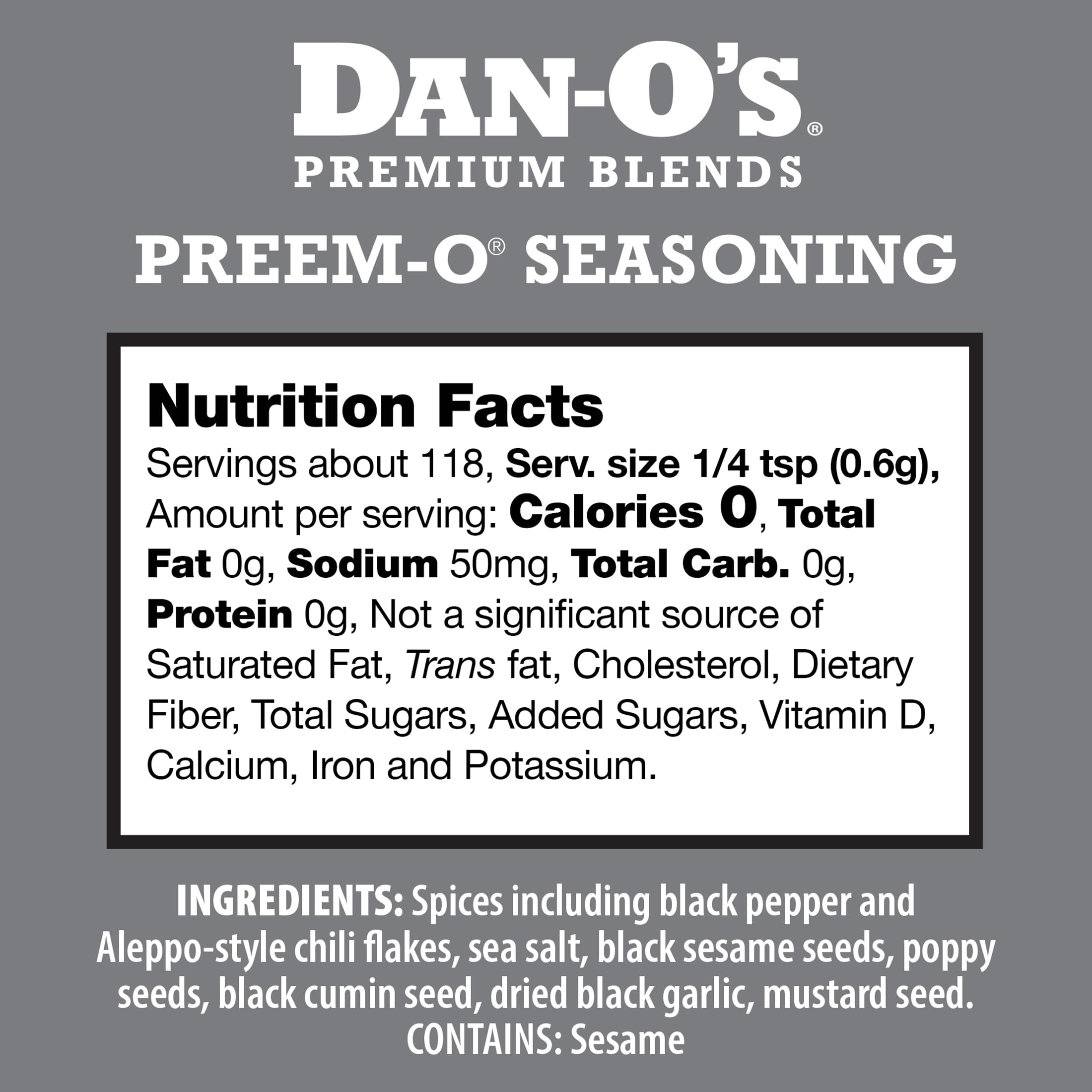 Dan-O's Preem-O Seasoning label close-up emphasizes kosher, sugar-free spice blend