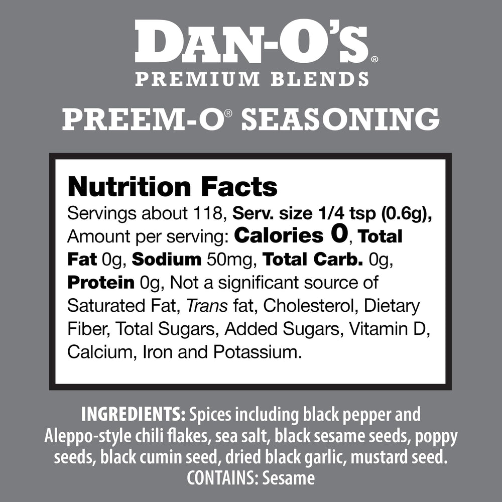 Dan-O's Preem-O Seasoning label close-up emphasizes kosher, sugar-free spice blend
