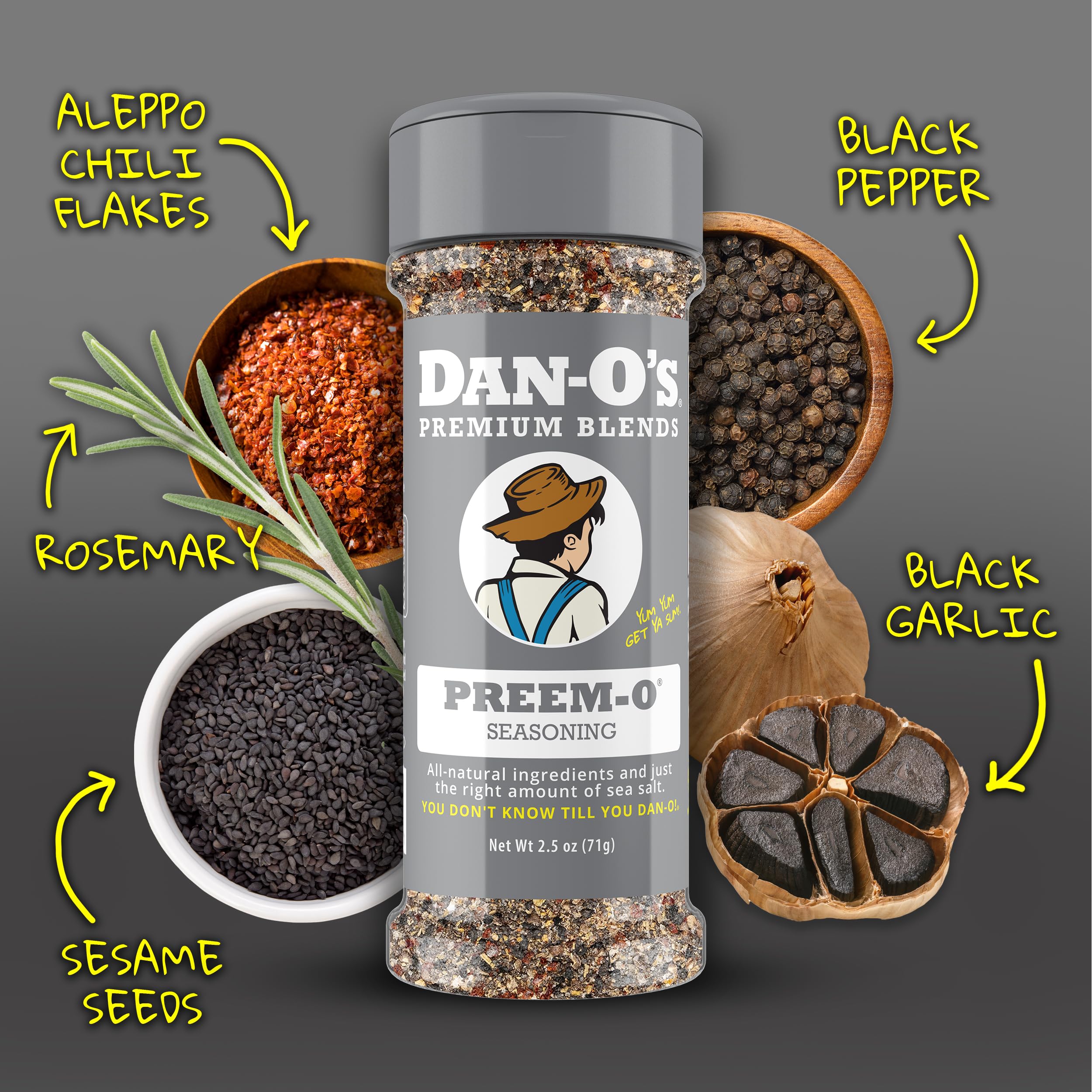 Pouring Dan-O's Preem-O Seasoning from the bottle for quick flavoring