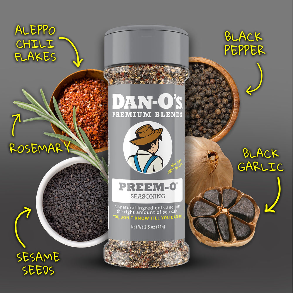 Pouring Dan-O's Preem-O Seasoning from the bottle for quick flavoring