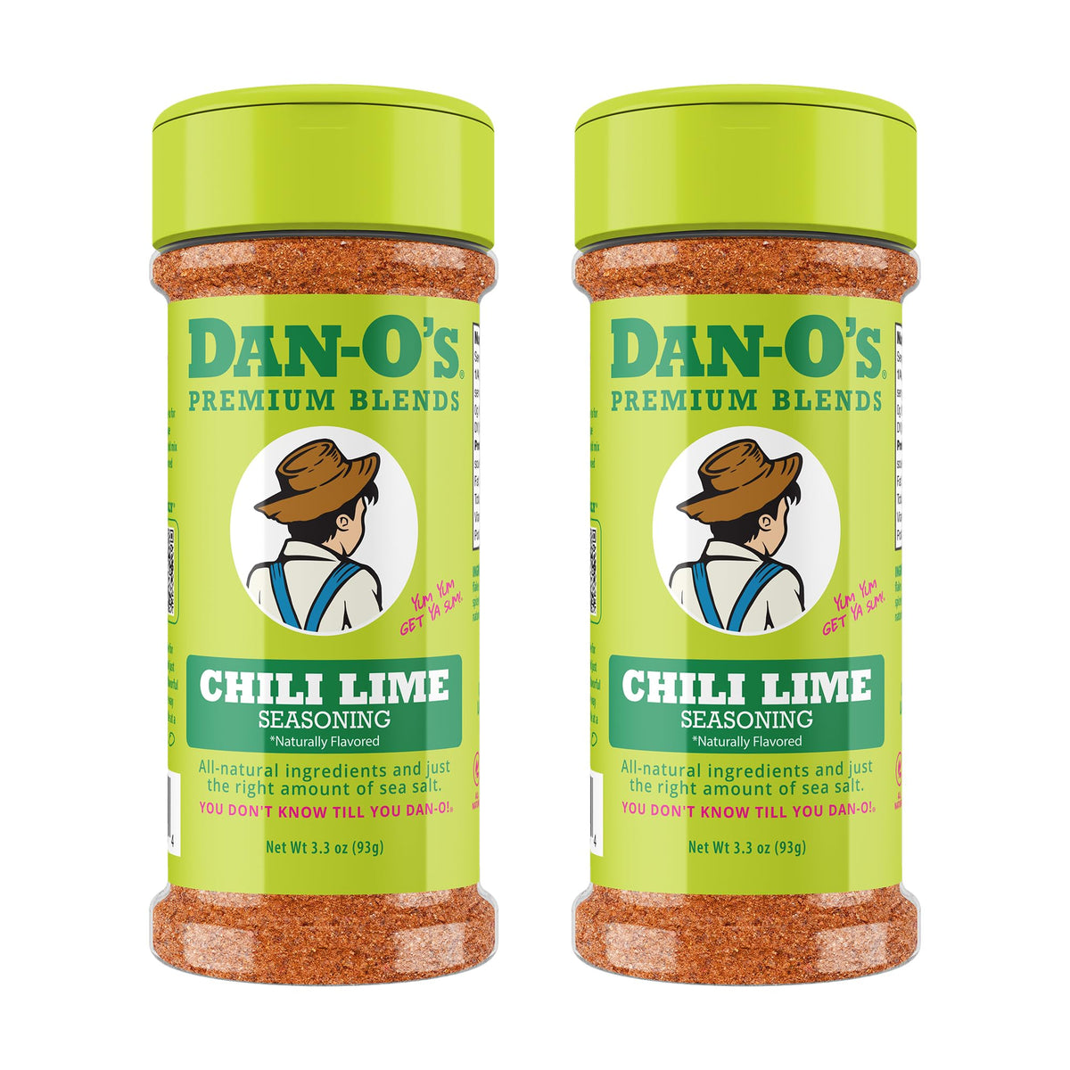 Dan-O's Small Chili Lime seasoning label close-up for bold citrus flavor.